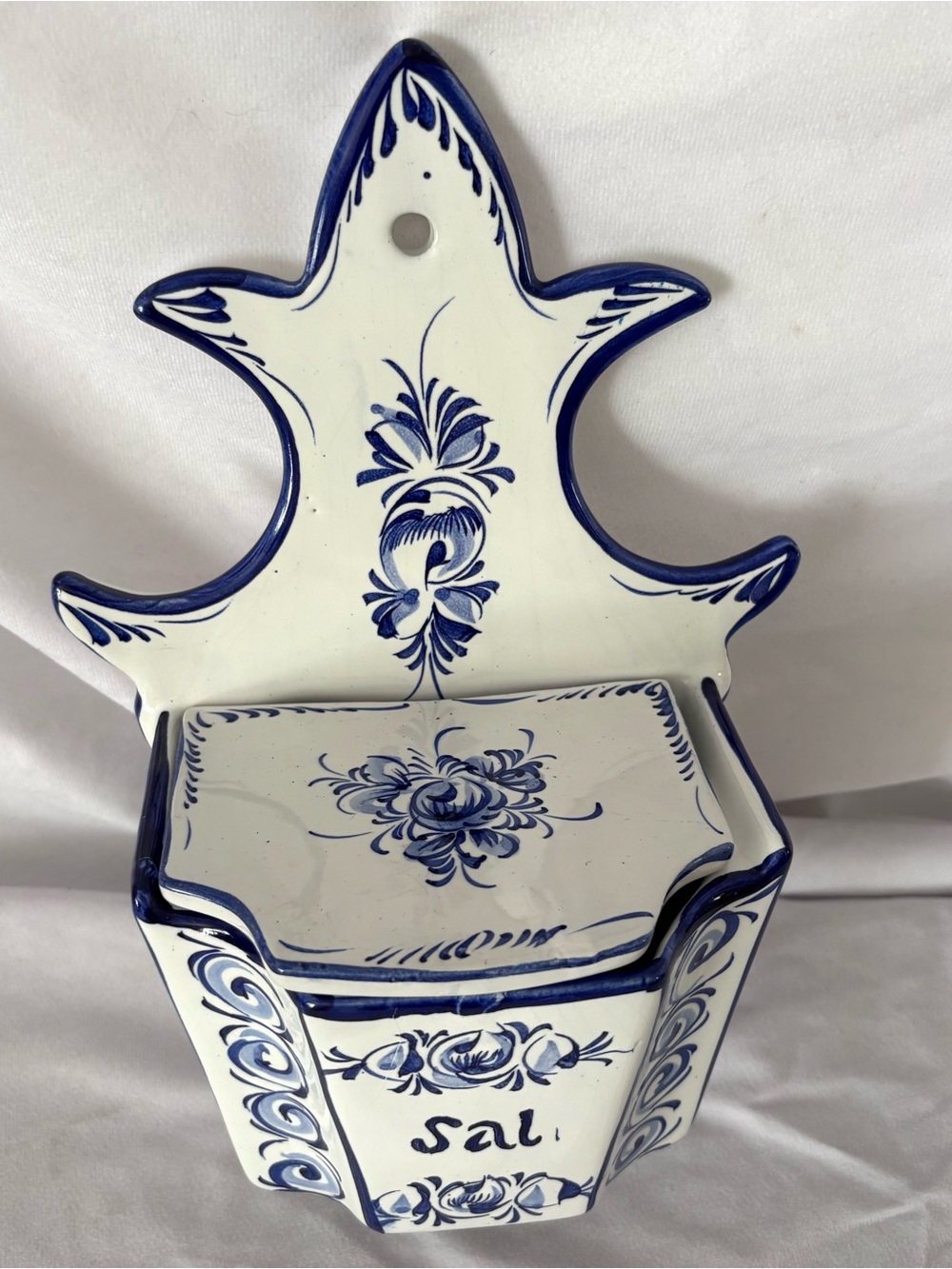 Vintage white blue ceramic salt cellar holder wall hanging Portugal home decor - Picture 4 of 7